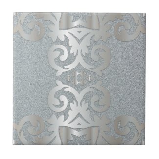 Elegant Vintage Baroque Shiny Silver Damask  Ceramic Tile