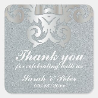 Elegant Vintage Baroque Silver Damask Wedding Square Sticker