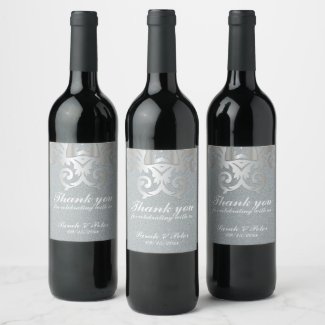 Elegant Vintage Baroque Silver Damask Wedding Wine Label