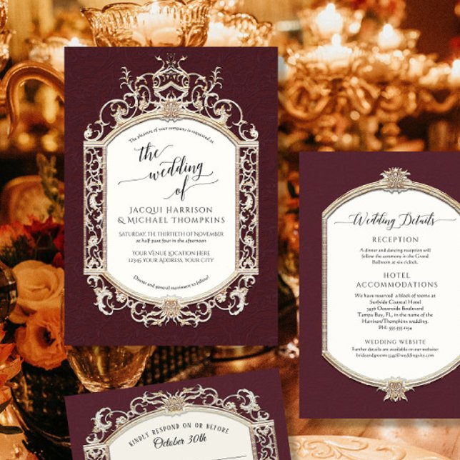 Elegant Vintage Baroque Victorian Burgundy Gold Invitation (Creator Uploaded)