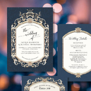 Elegant Vintage Baroque Victorian Navy Blue n Gold Invitation