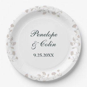 Elegant Vintage Beige Bride Groom Names Wedding Paper Plates