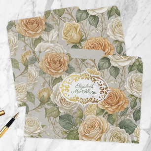 Elegant Vintage Beige Cream Roses with Gold Frame File Folder