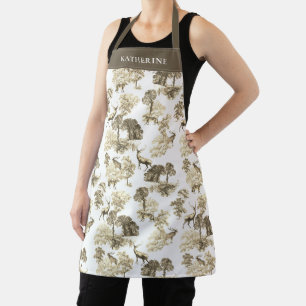 Elegant Vintage Beige Deer Toile with Name Apron