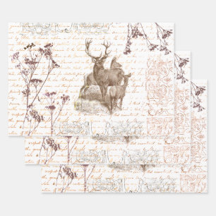 Elegant Vintage Beige Deer Wildflower Script Wrapping Paper Sheets