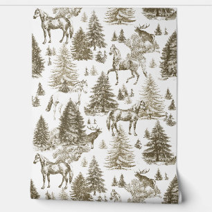 Elegant Vintage Beige Horses in Snow Woods Toile  Wallpaper