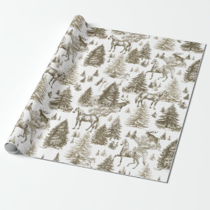 Elegant Vintage Beige Horses Snowy Woodland Toile Wrapping Paper