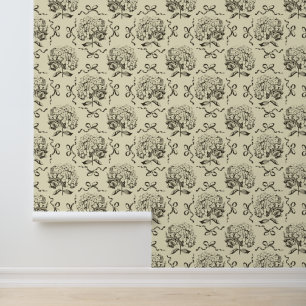 Elegant Vintage Beige Hydrangea Bow Pattern Wallpaper