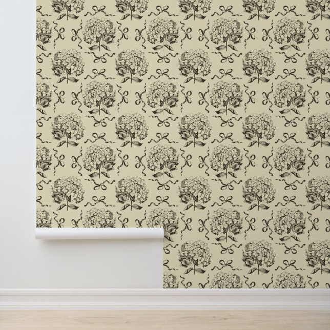 Elegant Vintage Beige Hydrangea Bow Pattern Wallpaper (Application)