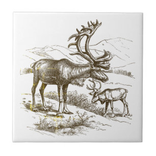 Elegant Vintage Beige Mountain Reindeer Ceramic Tile