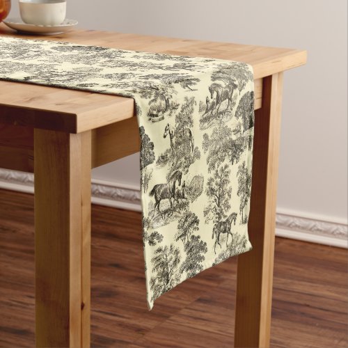 Elegant Vintage Beige Rustic Horses Toile Short Table Runner