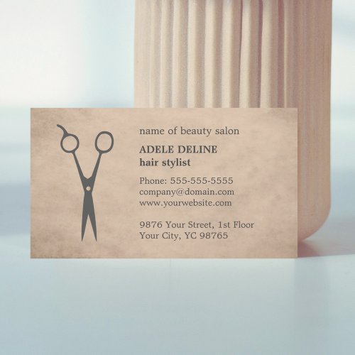 Elegant Vintage Beige Scissor Hair Stylist Business Card