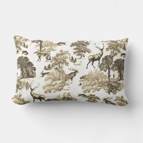 Elegant Vintage Beige Toile Deer Reversible Lumbar Pillow