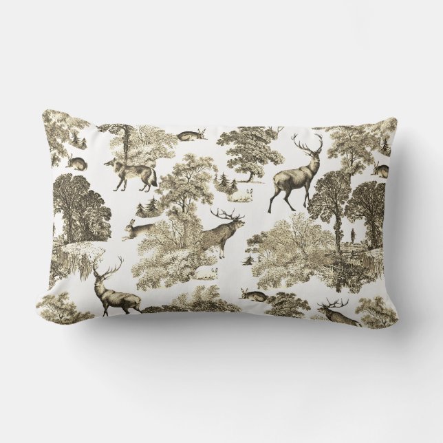 Elegant Vintage Beige Toile Deer Reversible Lumbar Pillow (Front)