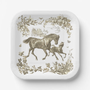Elegant Vintage Beige White Horses Floral Paper Plates