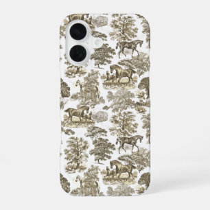 Elegant Vintage Beige White Horses Toile Pattern iPhone 16 Case