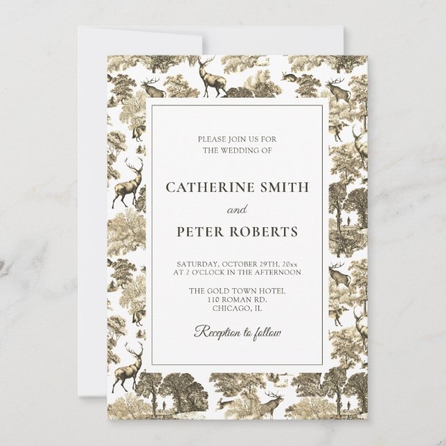 Elegant Vintage Beige White Toile Deer Invitation (Front)