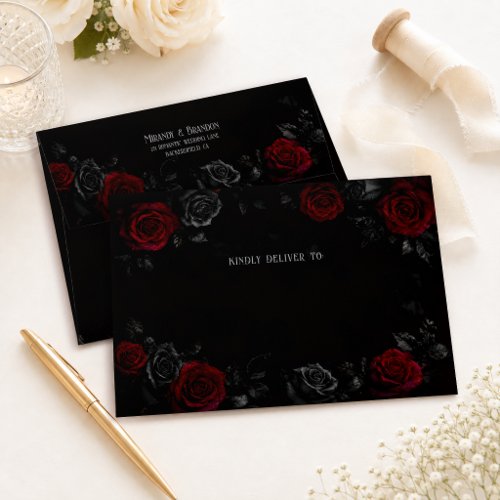 Elegant Vintage Black and Red Floral Wedding Envelope