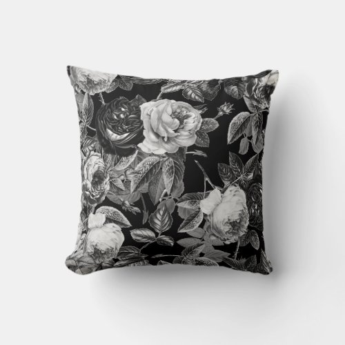 Elegant Vintage Black and White Roses Floral Throw Pillow