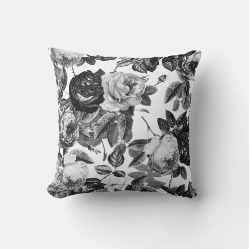 Elegant Vintage Black and White Roses Floral Throw Pillow