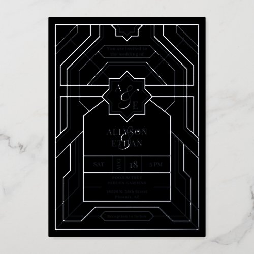 Elegant Vintage Black Art Deco QR Code Silver Foil Invitation