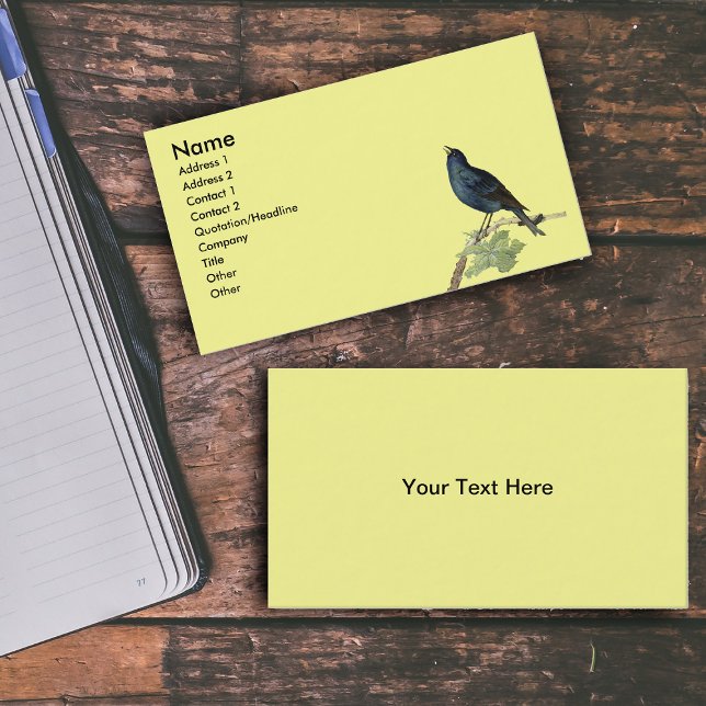 Elegant Vintage Black Bird Yellow Business Card (Singing black bird on branch leaves caterpillar on bright yellow business cards.)