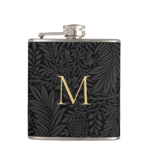 Elegant Vintage Black Floral Gold Monogram Flask