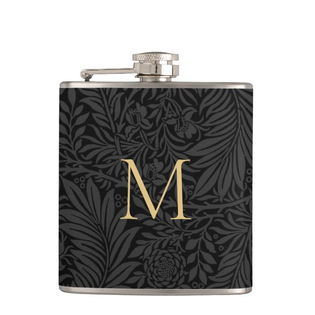 Elegant Vintage Black Floral Gold Monogram Flask (Front)