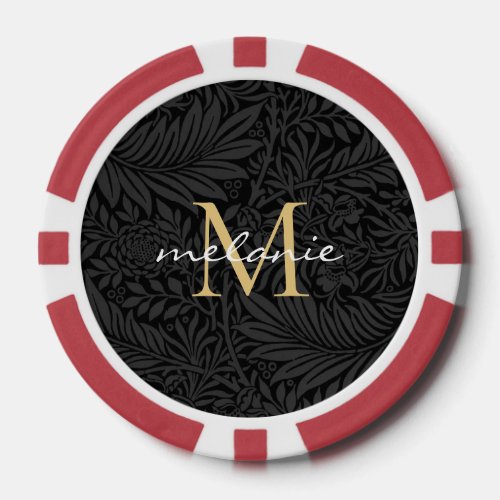 Elegant Vintage Black Floral Gold Script Monogram Poker Chips