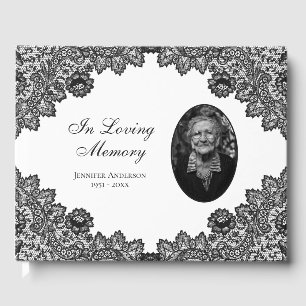 Elegant Vintage Black Floral Lace Funeral Photo Guest Book