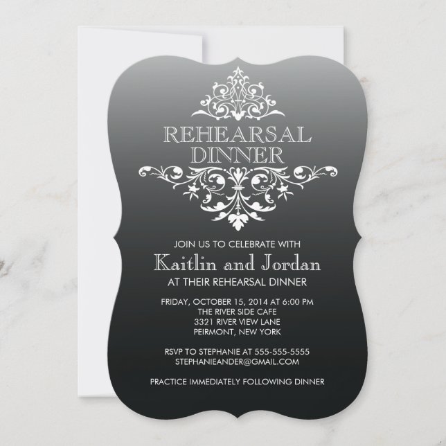 Elegant Vintage Black Flourish Rehearsal Dinner Invitation (Front)