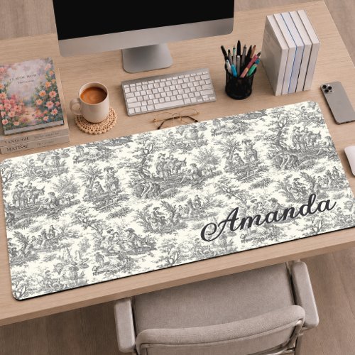 Elegant Vintage Black French Toile de Jouy Desk Mat