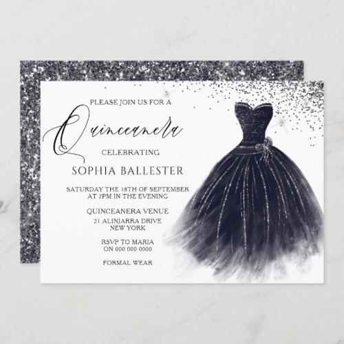 Elegant Vintage Black Glitter Gown Quinceanera Invitation