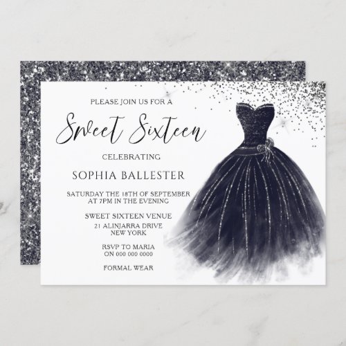 Elegant Vintage Black Glitter Gown Sweet 16 Party Invitation