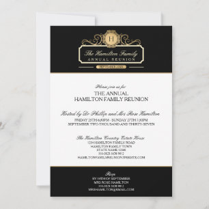 Elegant Vintage Black Gold Monogram Family Reunion Invitation