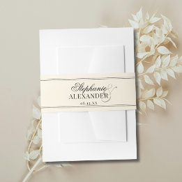 Elegant Vintage Black & Ivory Old Money Wedding Invitation Belly Band
