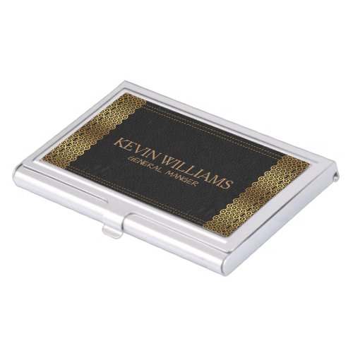 Elegant Vintage Black Leather Print  Gold Border Business Card Holder