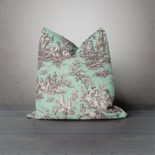Elegant vintage black mint toile de jouy throw pillow