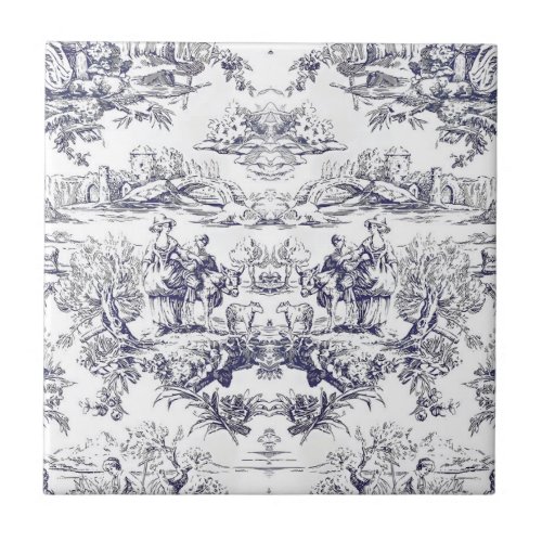 Elegant vintage black toile de jouy ceramic tile