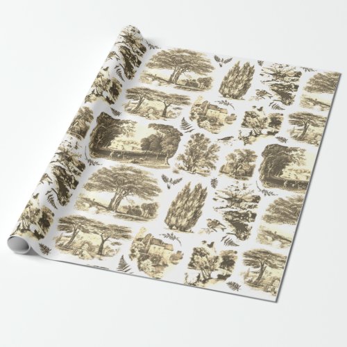 Elegant Vintage Black White Country Toile Beige Wrapping Paper