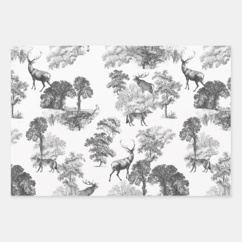 Elegant Vintage Black White Deer Fox Country Toile Wrapping Paper Sheets