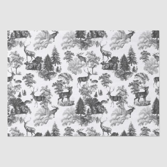 Elegant Vintage Black White Deer in Woodland Tissue Paper (Front)