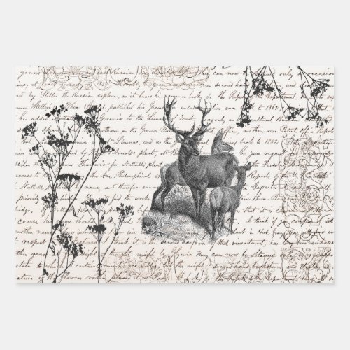 Elegant Vintage Black White Deer Wildflower Script Wrapping Paper Sheets