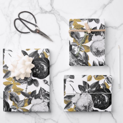 Elegant Vintage Black White English Roses Floral Wrapping Paper Sheets