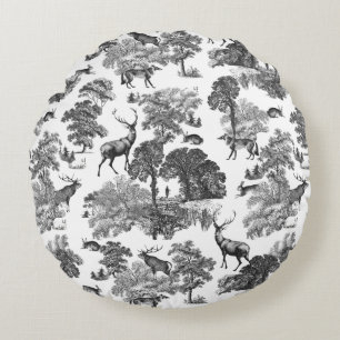 Elegant Vintage Black White French Toile Deer Round Pillow