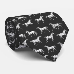 Elegant Vintage Black White Galloping Horses Neck Tie