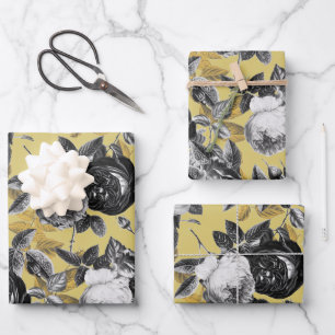 Elegant Vintage Black White Gold Roses Floral Wrapping Paper Sheets