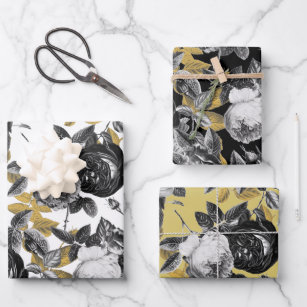 black and white flowers wrapping paper