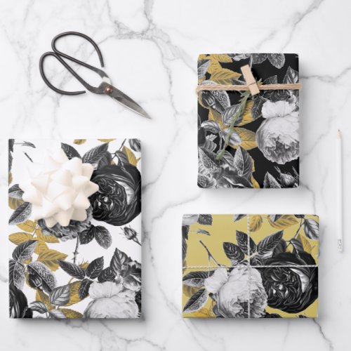 Elegant Vintage Black White Gold Roses Floral Wrapping Paper Sheets