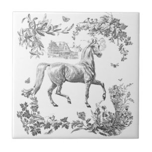 Elegant Vintage Black White Horse Floral Ceramic Tile